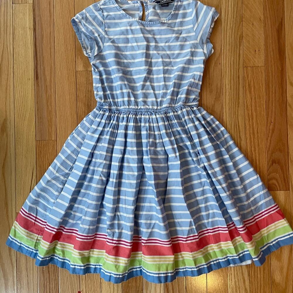 Lands End Girls 8  Twirl Dress Blue White Stripe Rainbow Modest Midi 100% cotton